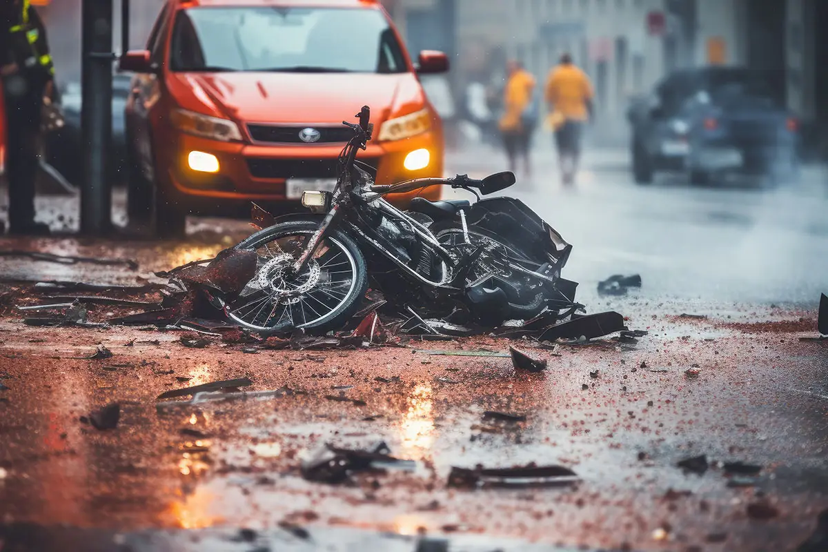 A motor vehicle accident involving a motorcycle. Debris is scattered on the road. The motorcycle is totally wrecked.