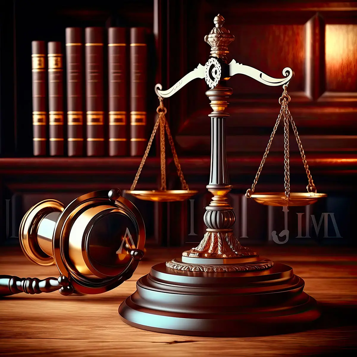 A justice scale is on top of a wooden table. Books on a shelf can be seen on the background.