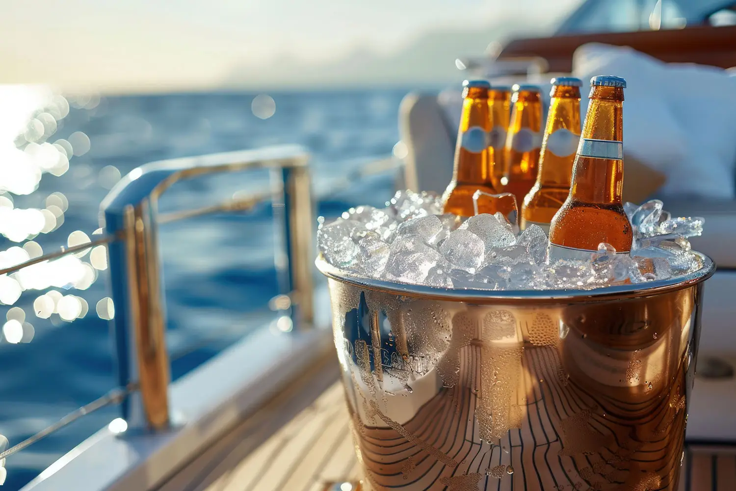 bottles of beer in a bucket filled with ice on a boat.