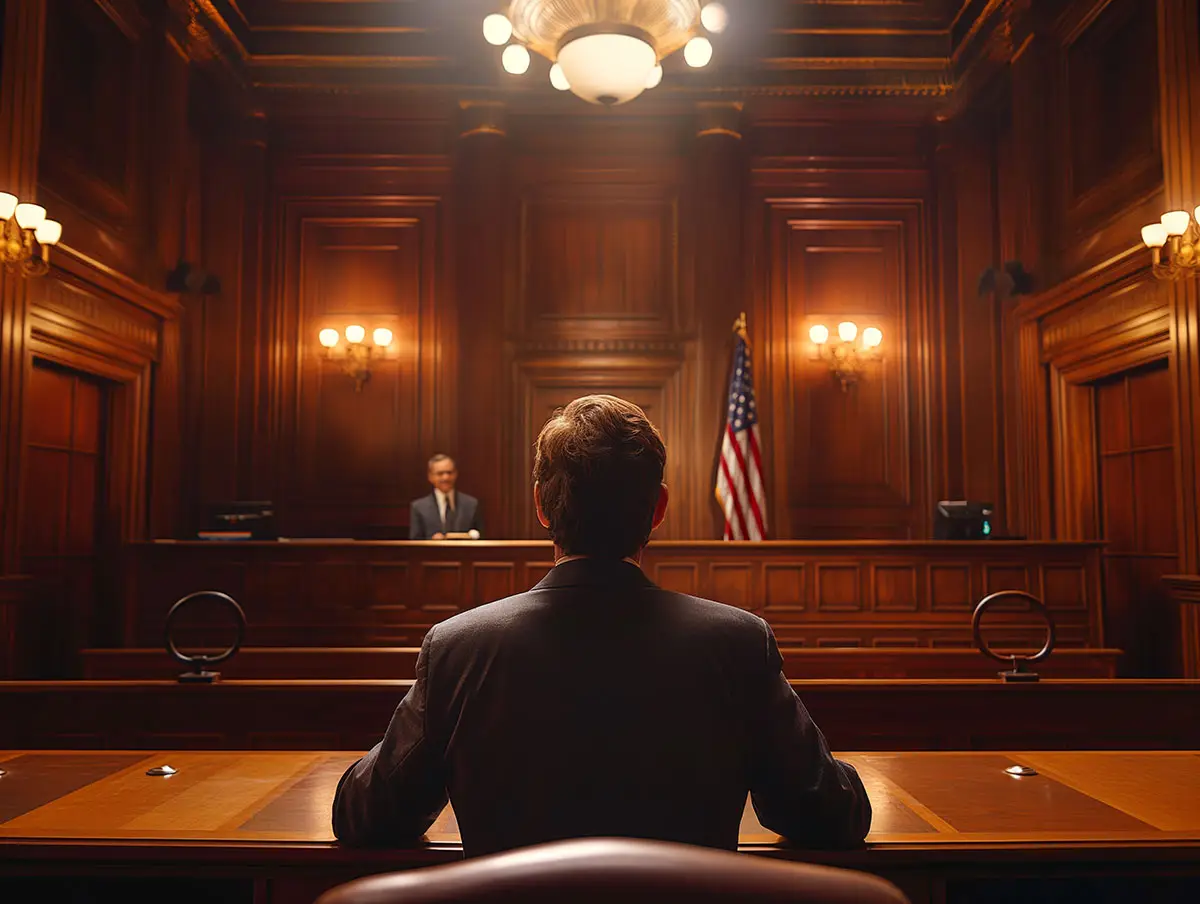 A client is answering questions from lawyer in the court room.