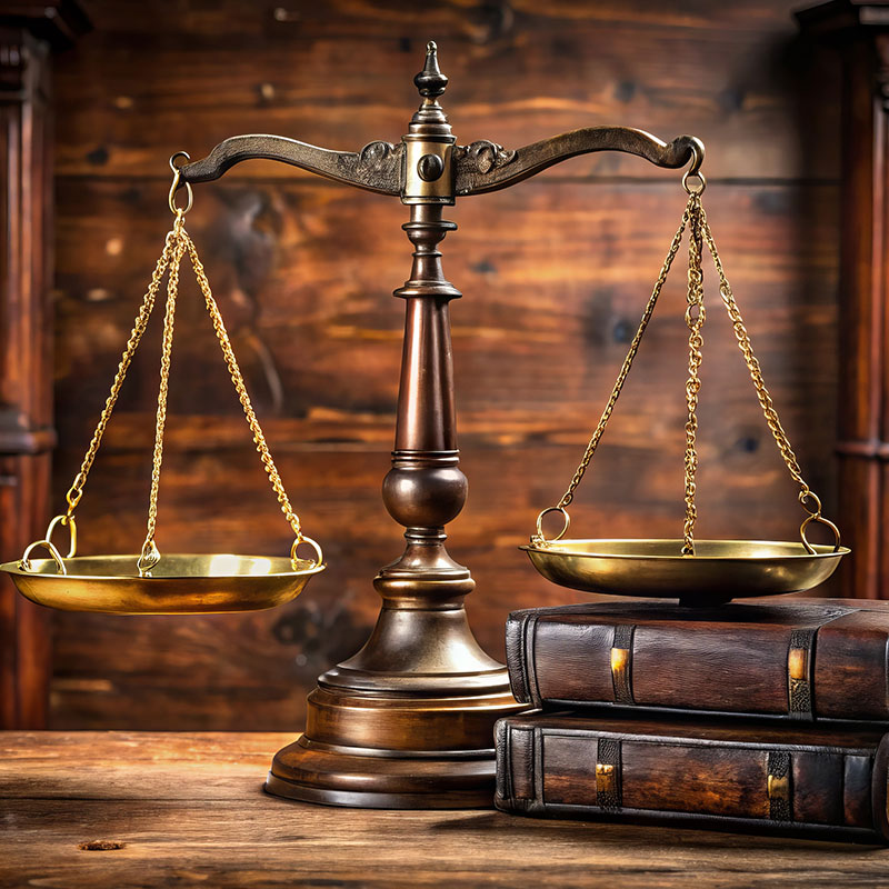 A justice scale against the background of a wooden wall. The justice scale and two books are on top of a wooden desk.