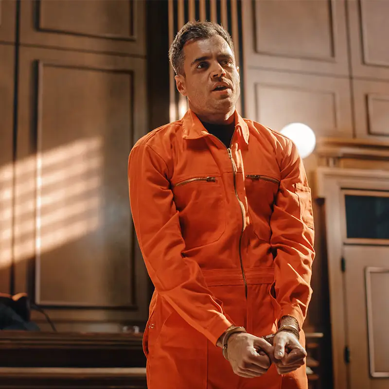 A man wearing orange overalls and in handcuffs pleading in court.
