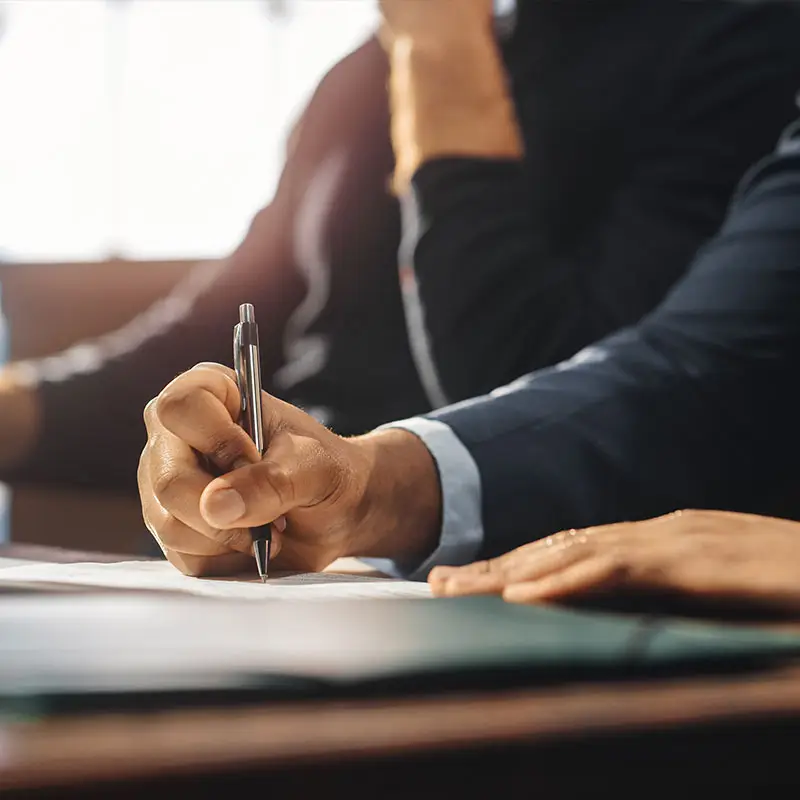 A lawyer writing on a paper.