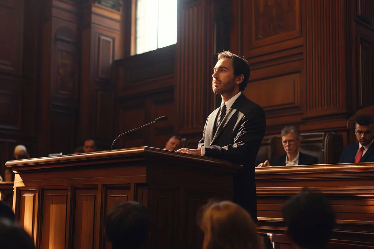 A lawyer speaking in the court room.