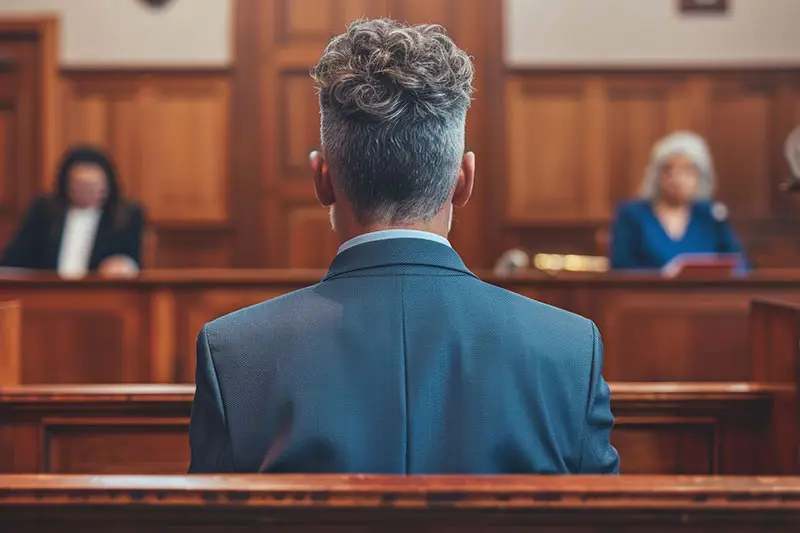 A defendant is being asked questions inside a courtroom.