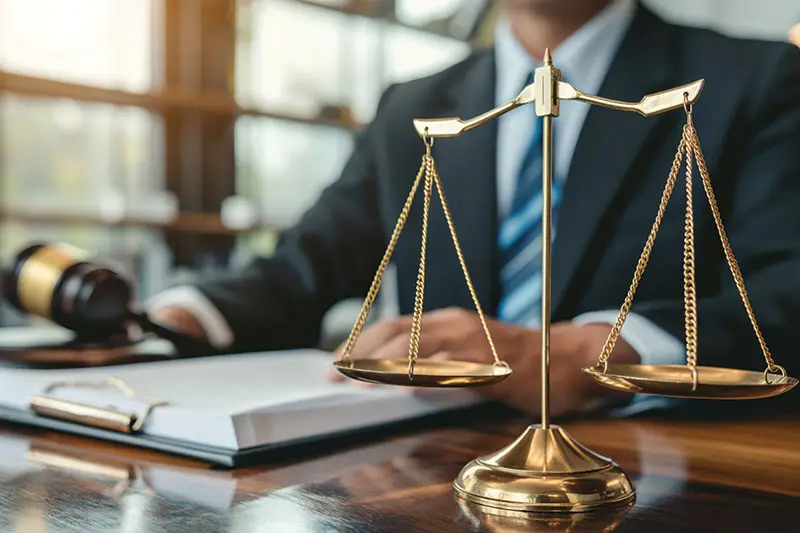 A lawyer with a justice scale, a book, and a gavel in front of the desk.