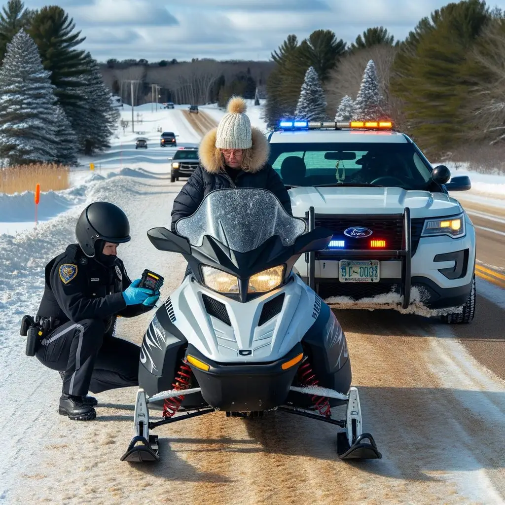 A police officer inspects a snow mobile.