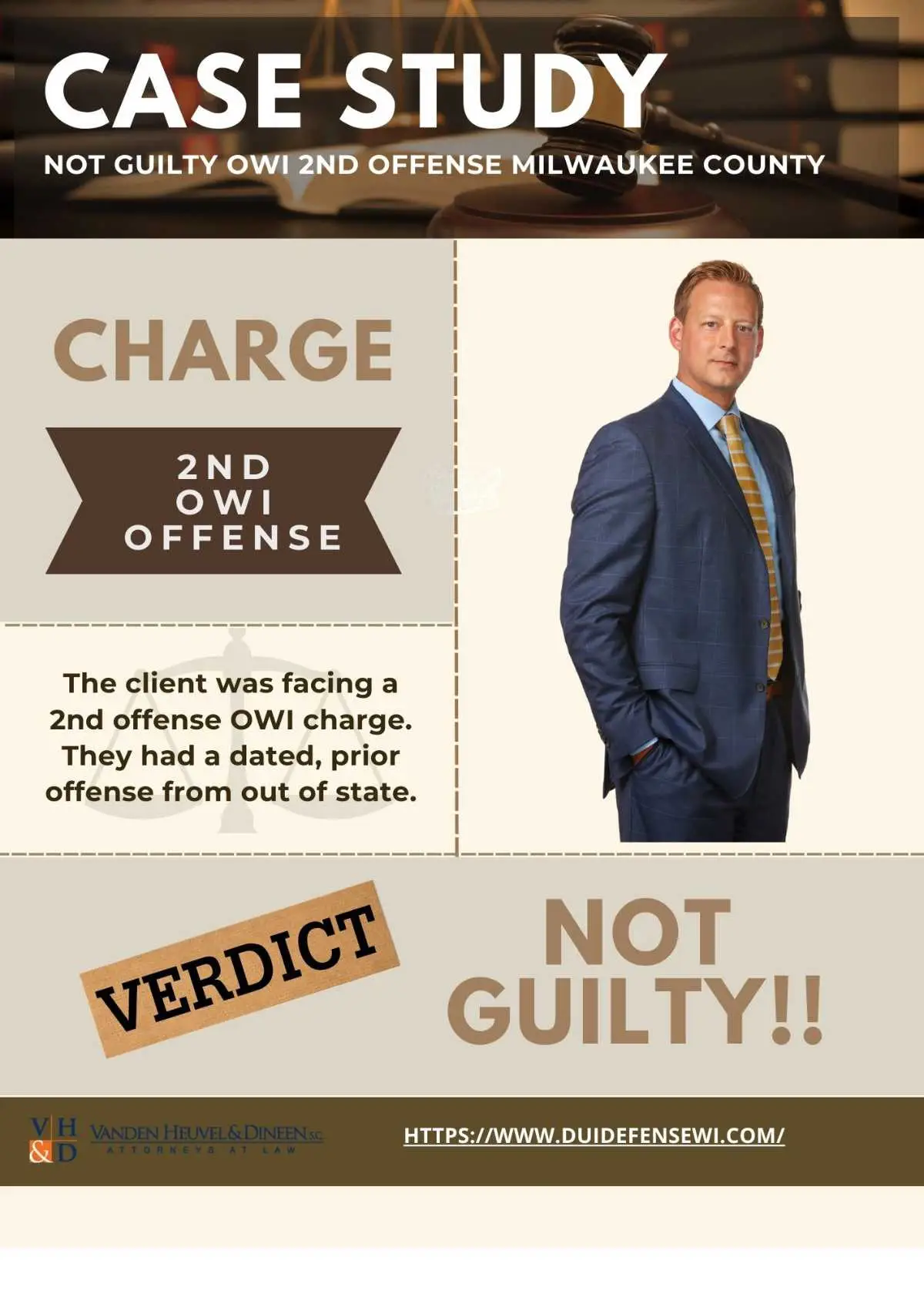 A poster with Attorne Nathan Dineen's photo on the right side and words reading 'Charge 2nd OWI Offense' on the left side.