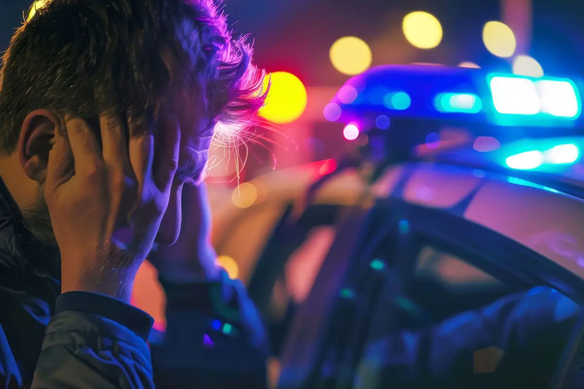 A distraught man holding his head with both hands in disbelief as police arrests him.