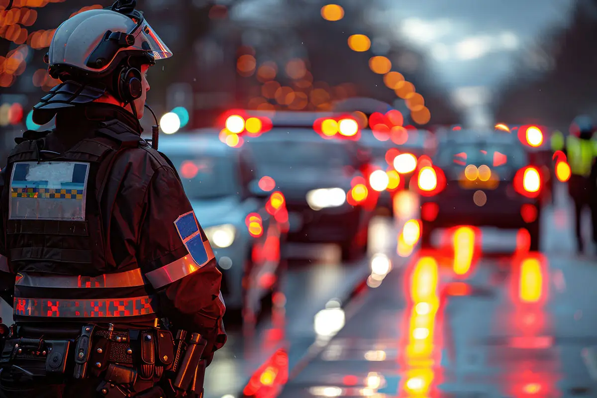 A police officer observing cars and guarding a checkpoint at night.