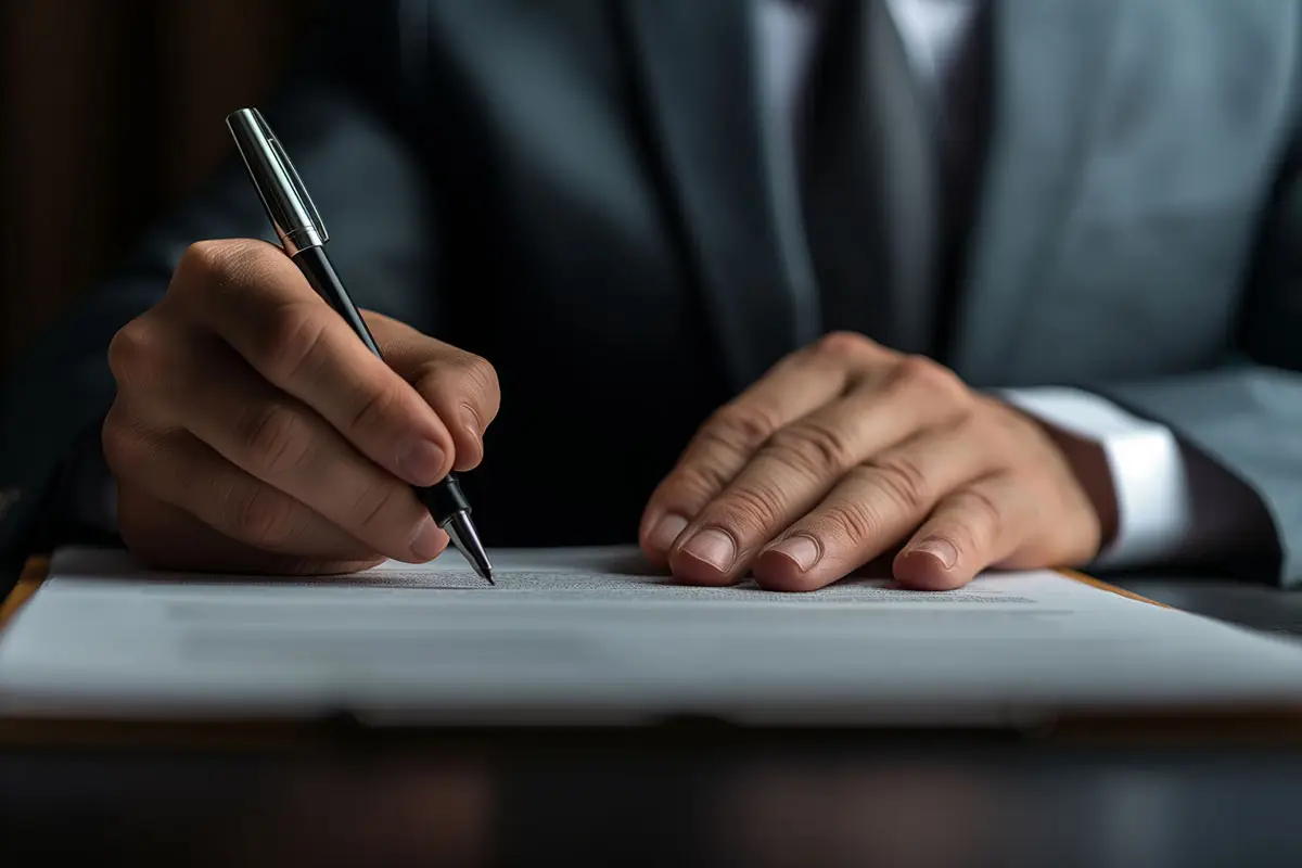A client wearing a suit signs a legal document with his right hand.