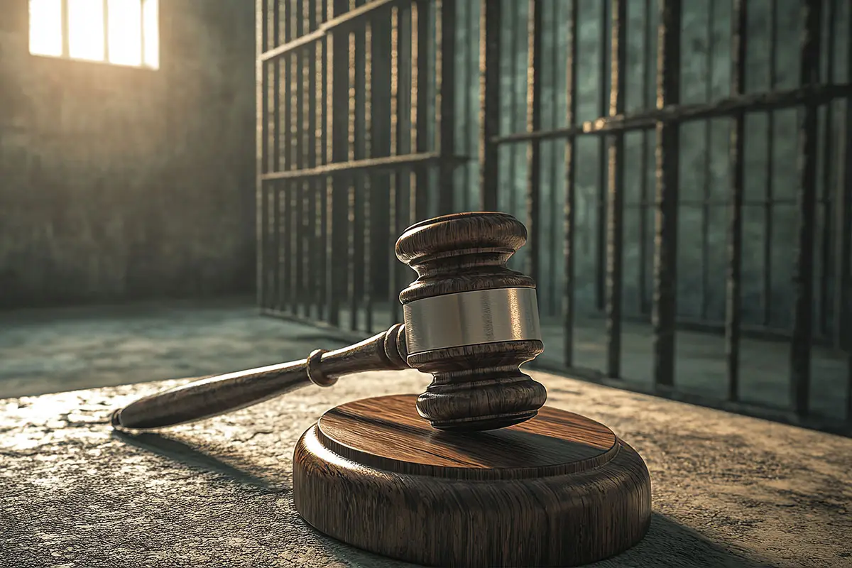 A wooden gavel with sound block is on top of a rotting wooden table. A prison cell is in the background.