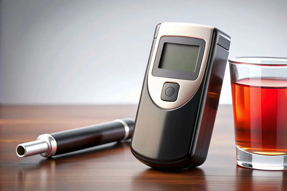 A breathalyzer test and a glass with liquor is on top of a wooden table.