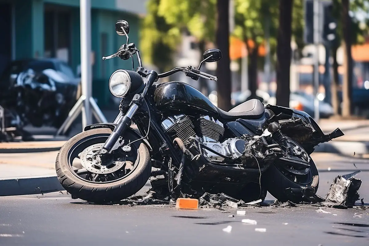 A wrecked motorcycle on the side of.a road with scattered debris as a result of a collision with another vehicle.