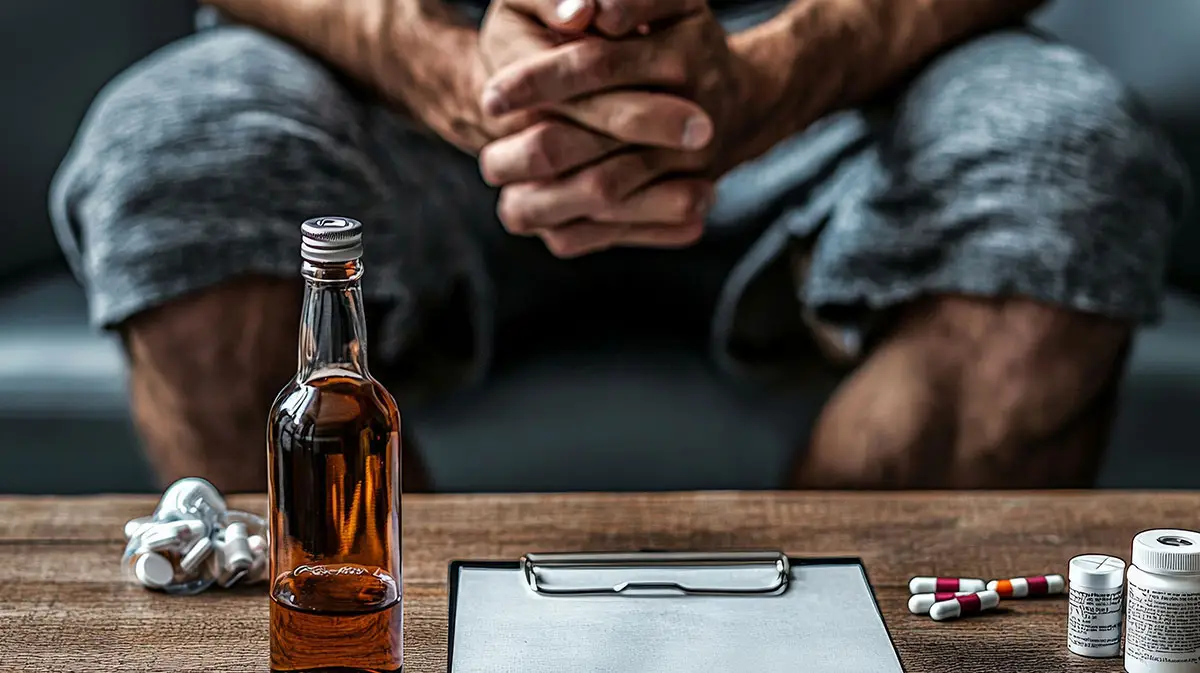 A man with hands clasped and sitting on a couch with a liquor bottle, clip board, and drugs in front of him on top of a wooden table.