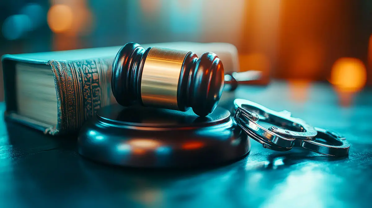 A book, gavel with sound block, and handcuffs are on top of a wooden table.